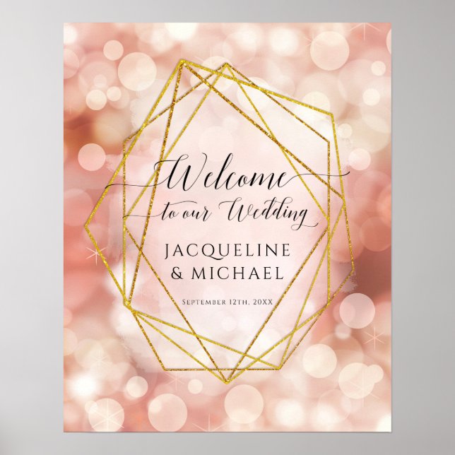 Póster Boda de bienvenida Geométrica Bokeh Pink Rose Gold (Frente)