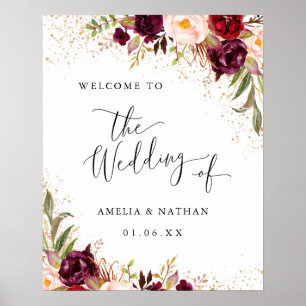 Póster Boda de bienvenida Gold Dust Burgundy Floral