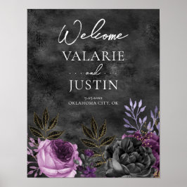 Póster Boda de bienvenida gótica morada y floral negra