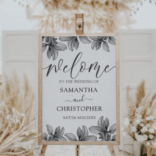 Póster Boda de bienvenida moderno de follaje blanco y neg