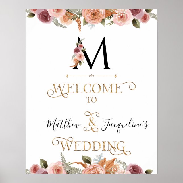 Póster Boda de bienvenida Monograma Gold Floral (Frente)