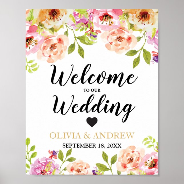 Póster Boda de bienvenida Naranja acuarela rosa Floral | (Frente)