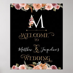 Póster Boda de bienvenida negro Monograma Gold Floral Rub