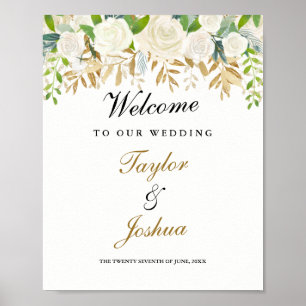 Póster Boda de bienvenida Rótulo Gold Floral Leaf Waterco