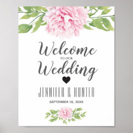 Póster Boda de bienvenida Rótulo Pink Peony Watercolor Fl