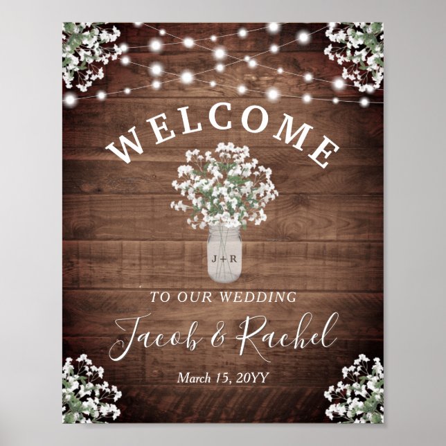 Póster Boda De Bienvenida Rústico Floral Mason Jar (Frente)