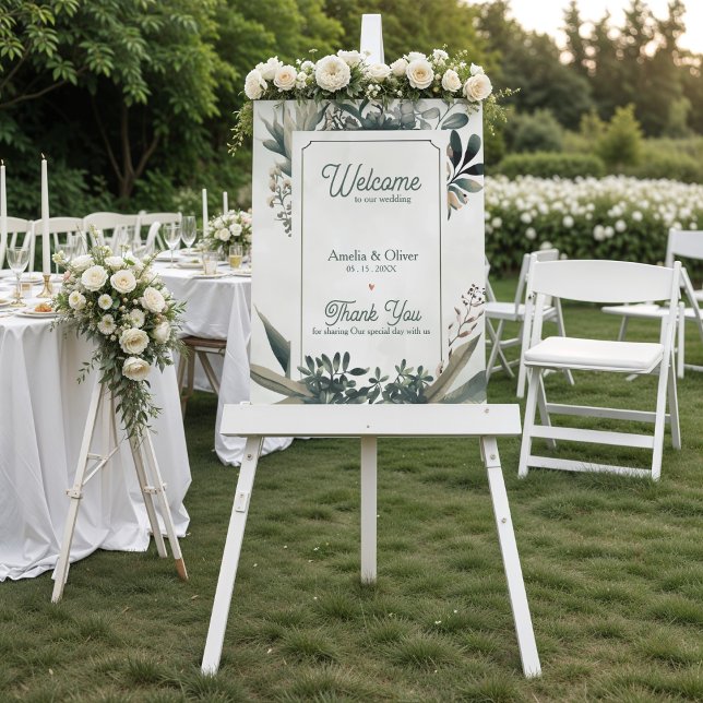 Póster Boda de Bienvenida Verde de Salvia Botánica Verde  (Botanical Greenery Wedding Welcome Sign | Sage Green Garden Wedding Welcome Poster)