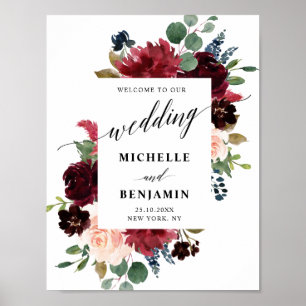 Póster Boda de Boho Rústico Floral de la Marina Roja de B