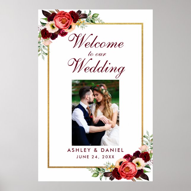 Póster Boda de Burgundy Floral Gold Boho Bienvenida (Frente)
