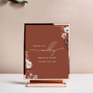Póster Boda de caligrafía de terracota oscura floral de o