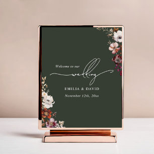 Póster Boda de caligrafía verde oscuro floral otoño
