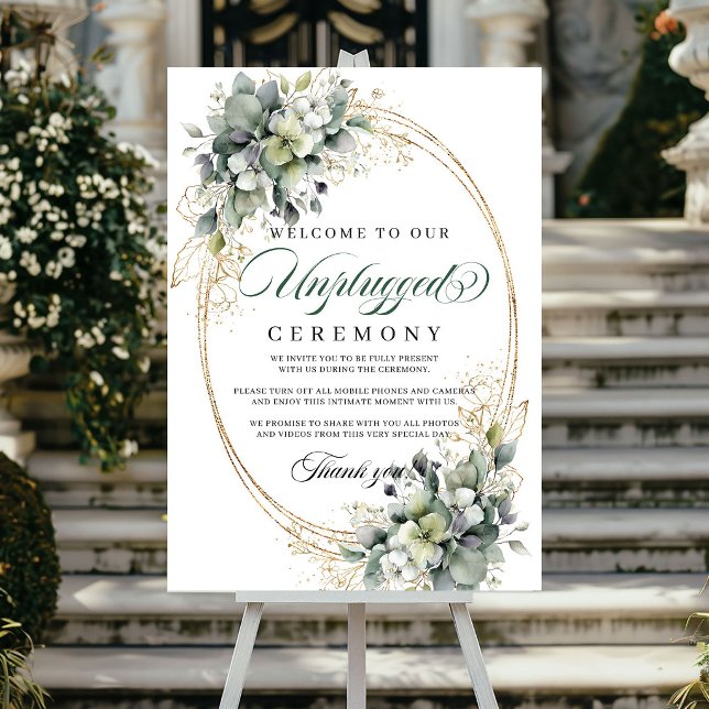 Póster Boda de Ceremonia Desconectada Botánica Verde Polv (Dusty Green Botanical Unplugged Ceremony Wedding Poster)