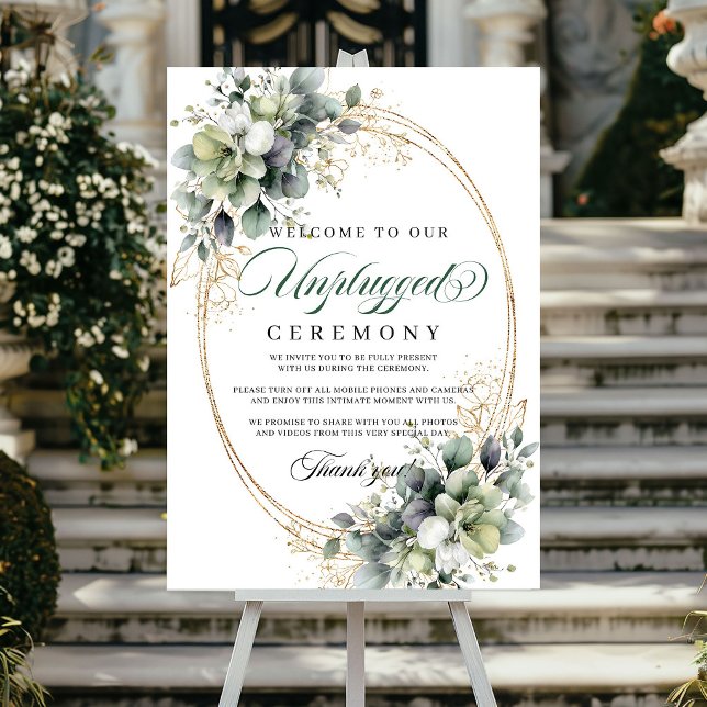 Póster Boda de Ceremonia Desconectada Botánica Verde Polv (Dusty Green Botanical Unplugged Ceremony Wedding Poster)