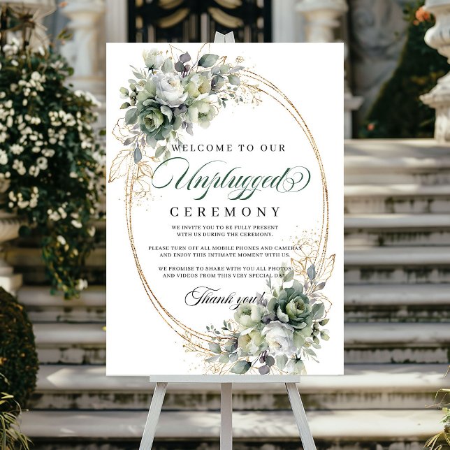 Póster Boda de ceremonia desconectada con follaje verde p (Dusty Green Foliage Unplugged Ceremony Wedding Poster)