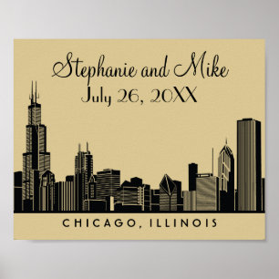 Póster Boda de Chicago Skyline dorado y negro