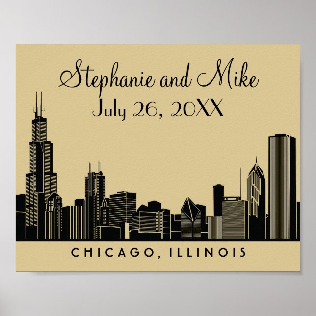 Póster Boda de Chicago Skyline dorado y negro (Frente)