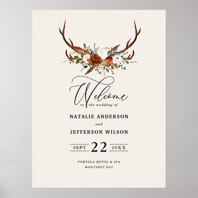 Póster boda de ciervo floral de óxido de terracota bienve (Frente)