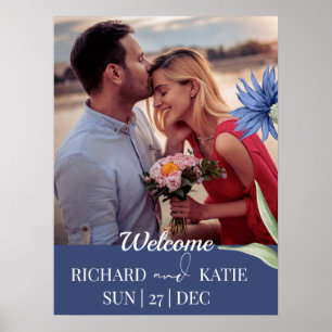 Póster Boda de código QR estilo floral azul oscuro