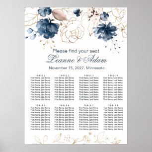 Póster Boda de color azul marino y oro floral 8 mesas