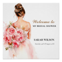 Póster Boda de color de agua Rosa de Rubor con ducha de n