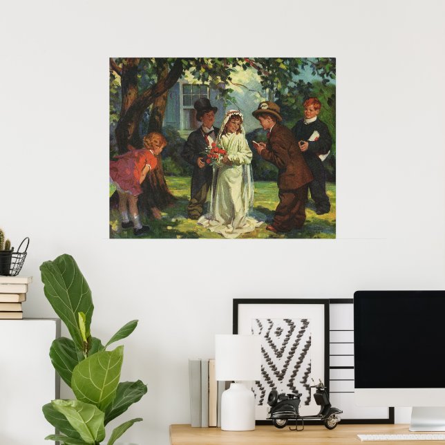 Póster Boda de cosecha, hijos fingen novia y novio (Oficina en casa)