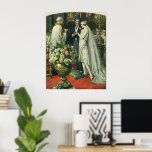 Póster Boda de cosecha, novia y novio con Menorah<br><div class="desc">Imagen de la ceremonia del amor al ilustracion vintage y boda romántico que presenta a una pareja casada en una hermosa sinagoga con vidrieras,  flores y una menorah de siete ramas. La novia lleva un vestido largo y blanco boda y el novio es guapo en su esmoquin.</div>