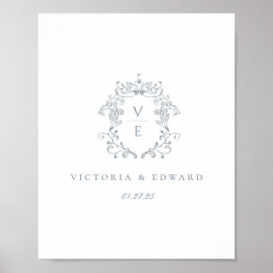 Póster Boda de cresta de monograma azul polvoriento