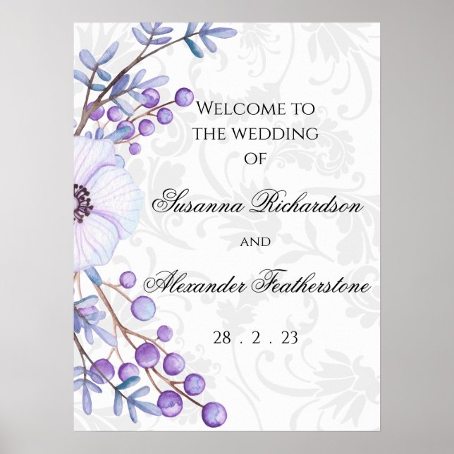 Póster Boda de Damasco Purple Floral y Elegante (Frente)