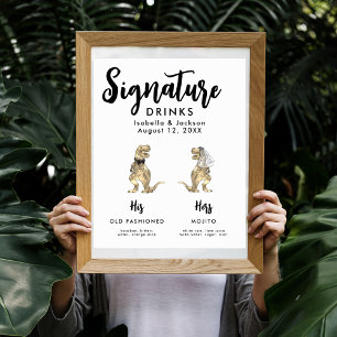 Póster Boda de dinosaurio: Novia y bebida con firma Groom