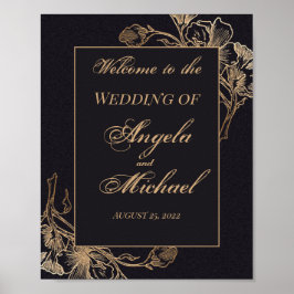 Póster Boda de diseño floral metálico Gold Black Faux