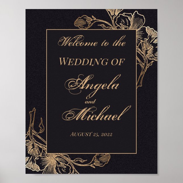 Póster Boda de diseño floral metálico Gold Black Faux (Frente)