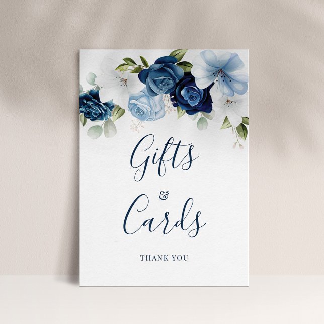 Póster Boda de Dusty Blue Floral Script Regalos y Tarjeta (Dusty Blue Floral Botanical Script Gifts and Cards Display Card)