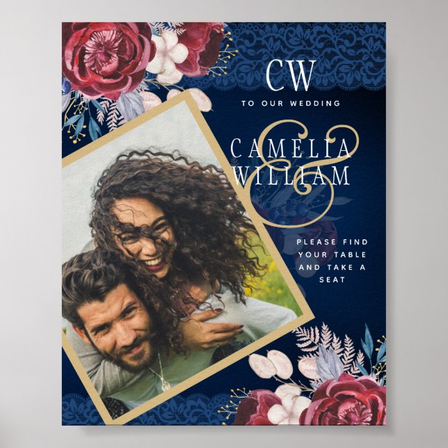 Póster Boda de encaje floral de la Marina Blue Burgundy (Frente)