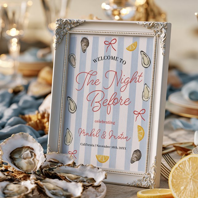Póster Boda de Ensayo de Ostra de Raya Azul Costera (Coastal Blue Stripe Oyster Rehearsal Wedding Poster)