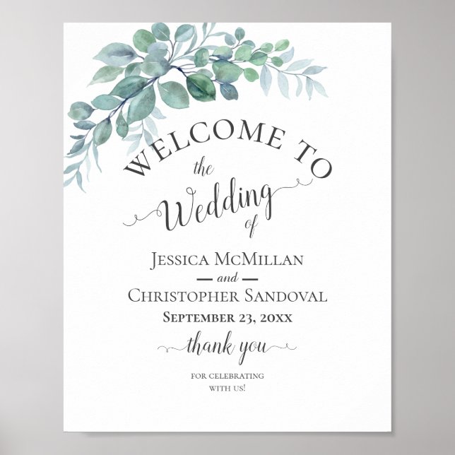 Póster Boda de eucalipto verde acuarela rústica (Frente)