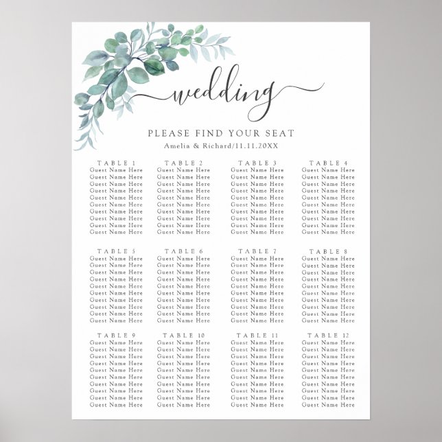 Póster Boda de eucalipto verde acuarela rústica (Frente)