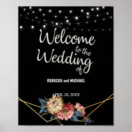 Póster Boda de Floral Rustic Magnolia String Luces