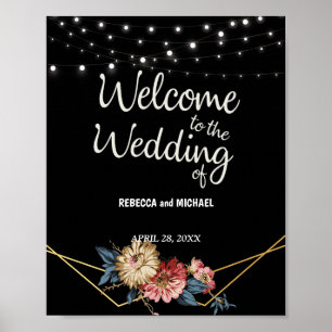 Póster Boda de Floral Rustic Magnolia String Luces