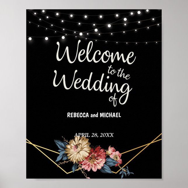 Póster Boda de Floral Rustic Magnolia String Luces (Frente)