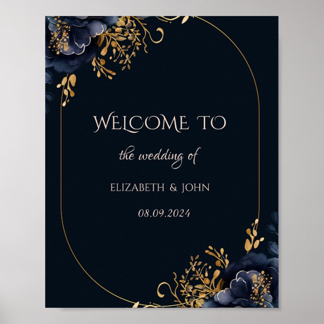 Póster Boda de flores azules elegantes de la marina (Frente)