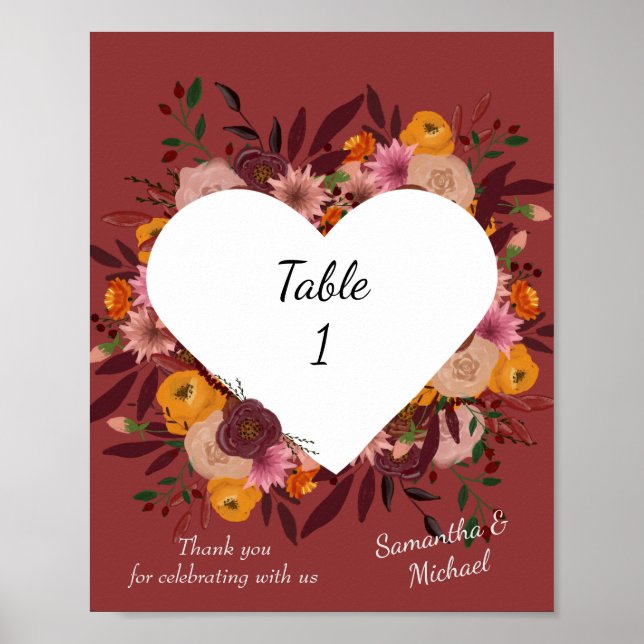 Póster Boda de Flores Caídas Número de Tabla Poster (Frente)