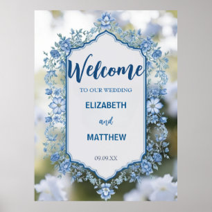 Póster Boda de Flores Sobrepuestas en Azul y Blanco Moder