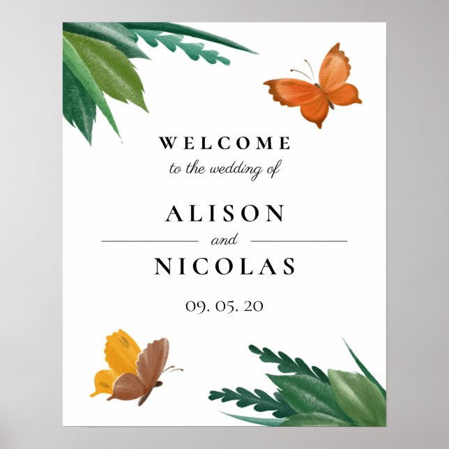 Póster Boda de follaje verde de mariposas acuáticas (Frente)