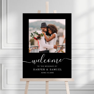 Póster Boda de Foto de Caligrafía Elegante Negra Bienveni