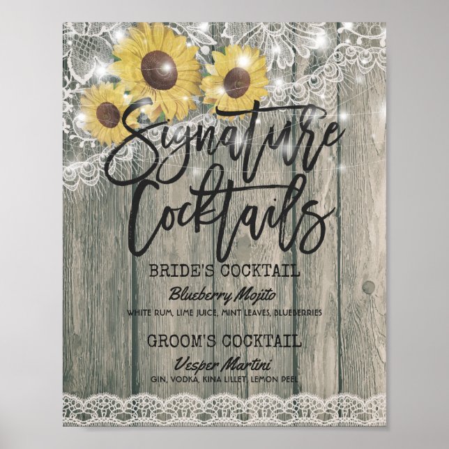 Póster Boda de girasoles Menú de bebidas de cóctel (Frente)