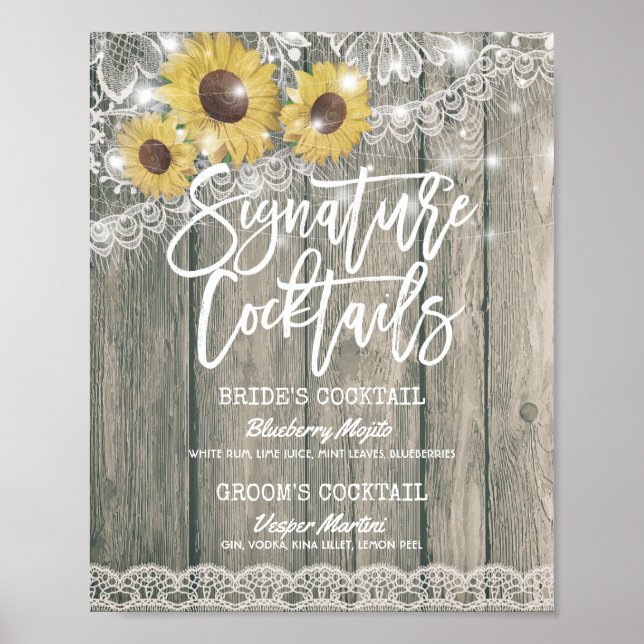 Póster Boda de girasoles Menú de bebidas de cóctel (Frente)
