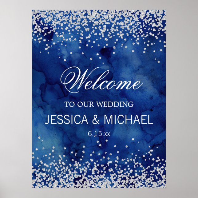 Póster Boda de Glitter de Plata con Aquarela Azul Marino (Frente)