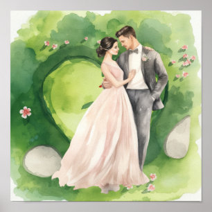 Póster Boda de golf Novia y novio en campo de golf 