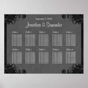Póster Boda de Gótico negro y gris 10 Tabla de asientos
