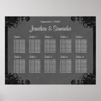 Póster Boda de Gótico negro y gris 10 Tabla de asientos